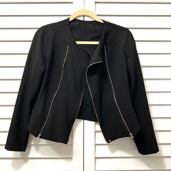 Black Cropped Moto Jacket Size Small Gold Double Zippers - Picture 2 of 12